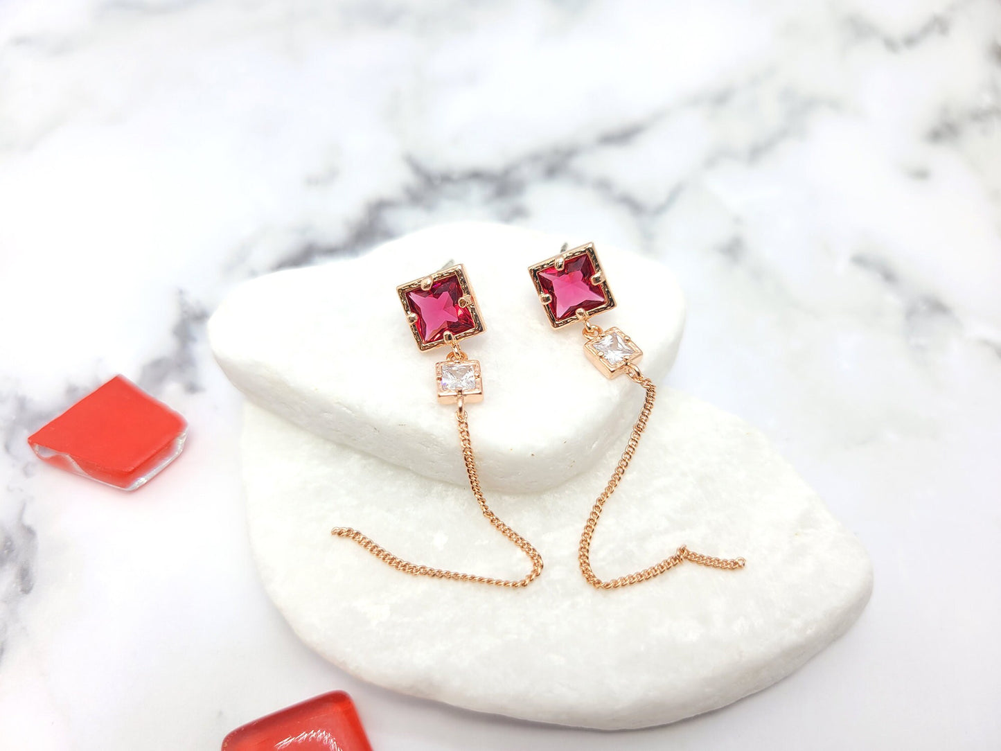 🍷 Wine Ruby Glow – Minimalist 14K Gold-Plated Silver Earrings, Romantic Drop Earrings