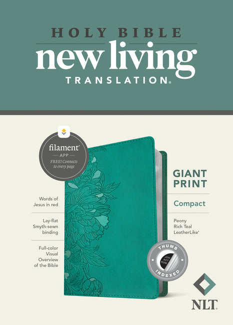 NLT Compact Giant Print Bible, Filament Enabled (Leatherlike, Peony Rich Teal, Indexed, Red Letter) - Ingram