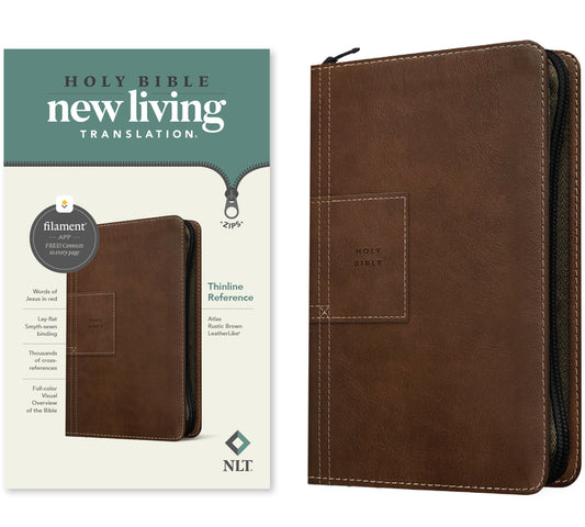 NLT Thinline Reference Zipper Bible, Filament Enabled (Leatherlike, Atlas Rustic Brown, Red Letter) - Ingram