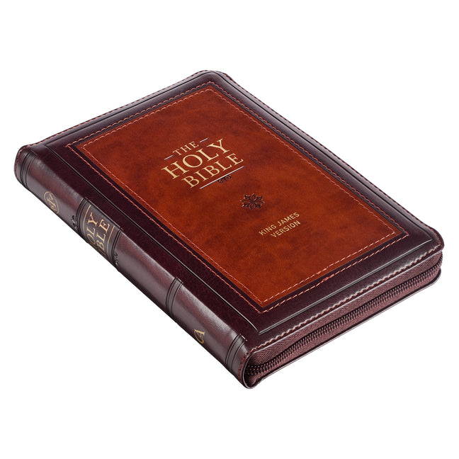 KJV Holy Bible, Compact Faux Leather Red Letter Edition - Ribbon Marker, King James Version, Burgundy/Saddle Tan, Zipper Closure - Ingram