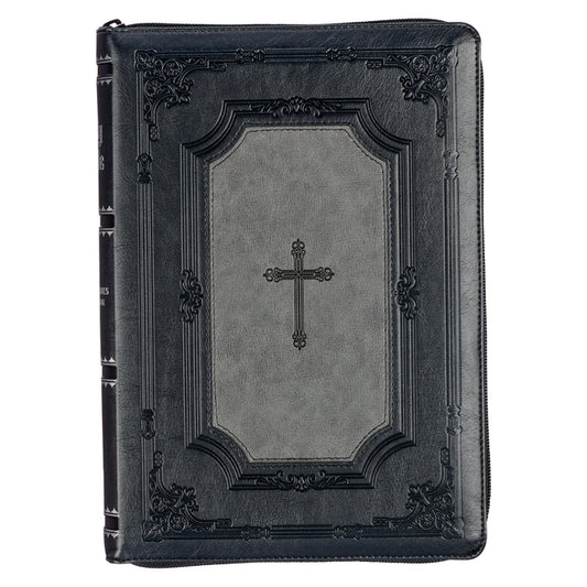 KJV Holy Bible, Super Giant Print Faux Leather Red Letter Edition - Thumb Index & Ribbon Marker, King James Version, Gray/Black - Ingram