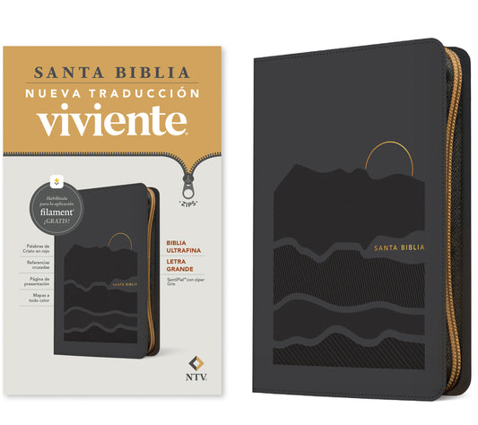 Biblia Ultrafina Ntv, Letra Grande de Zíper Con Filament (Sentipiel, Gris, Letra Roja) - Ingram