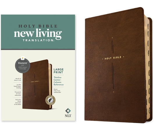 NLT Large Print Thinline Center-Column Reference Bible, Filament Enabled (Leatherlike, Brown Holy Cross, Indexed, Red Letter) - Ingram