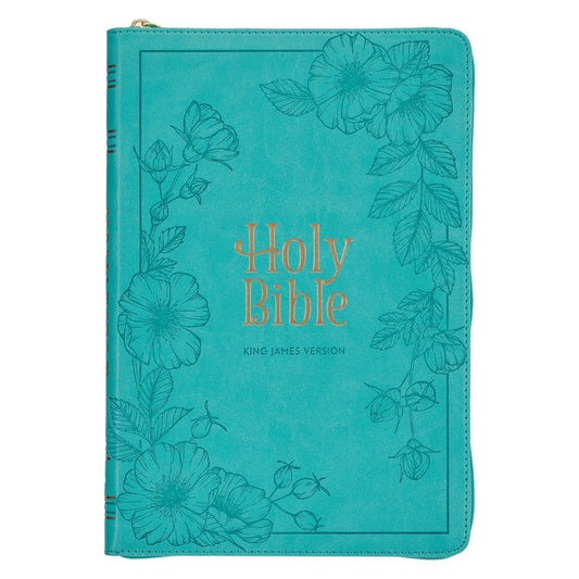 KJV Holy Bible, Thinline Large Print Faux Leather Red Letter Edition - Thumb Index & Ribbon Marker, King James Version, Teal, Zipper Closure - Ingram