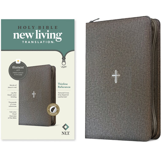 NLT Thinline Reference Zipper Bible, Filament Enabled (Leatherlike, Textured Cross Gray, Indexed, Red Letter) - Ingram