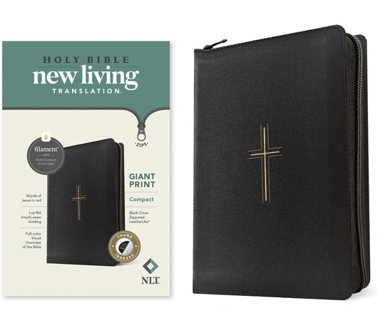 NLT Compact Giant Print Zipper Bible, Filament Enabled (Leatherlike, Black Cross, Indexed, Red Letter) - Ingram