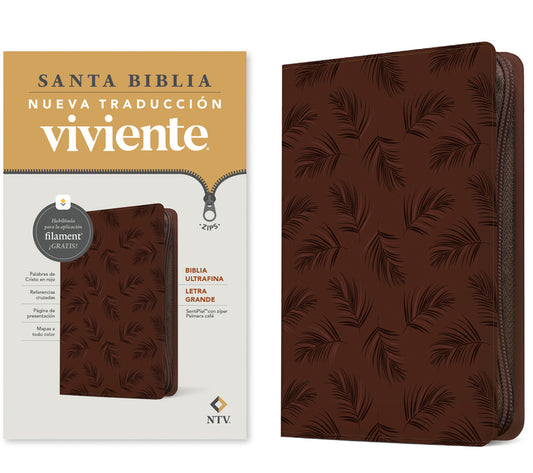 Biblia Ultrafina Ntv, Letra Grande de Zíper Con Filament (Sentipiel, Palmera Café, Letra Roja) - Ingram
