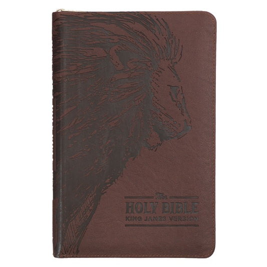 KJV Holy Bible, Standard Size Faux Leather Red Letter Edition - Thumb Index & Ribbon Marker, King James Version, Brown Lion Zipper Closure - Ingram