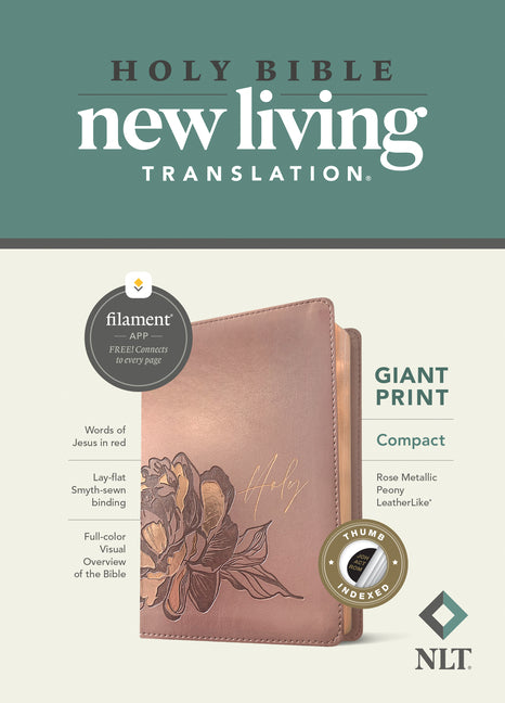 NLT Compact Giant Print Bible, Filament Enabled (Leatherlike, Rose Metallic Peony, Indexed, Red Letter) - Ingram