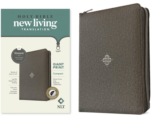 NLT Compact Giant Print Zipper Bible, Filament Enabled (Leatherlike, Woven Cross Gray, Indexed, Red Letter) - Ingram