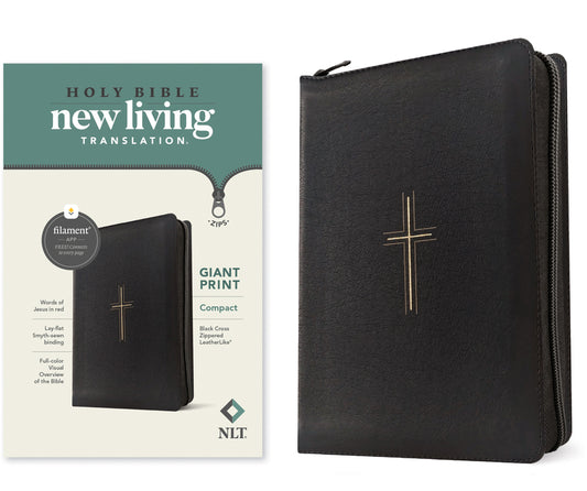 NLT Compact Giant Print Zipper Bible, Filament Enabled (Leatherlike, Black Cross, Red Letter) - Ingram