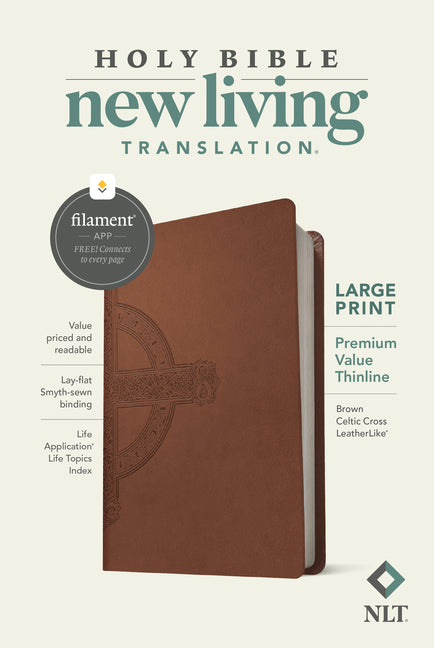NLT Large Print Premium Value Thinline Bible, Filament Enabled (Leatherlike, Brown Celtic Cross) - Ingram