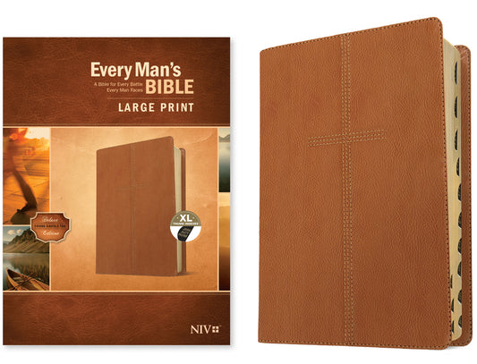 Every Man's Bible Niv, Large Print (Leatherlike, Cross Saddle Tan, Indexed) - Ingram