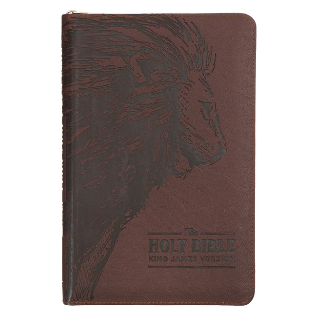 KJV Holy Bible, Standard Size Faux Leather Red Letter Edition - Thumb Index & Ribbon Marker, King James Version, Brown Lion Zipper Closure - Ingram