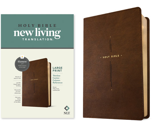 NLT Large Print Thinline Center-Column Reference Bible, Filament Enabled (Leatherlike, Brown Holy Cross, Red Letter) - Ingram