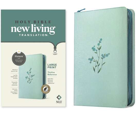 NLT Large Print Thinline Reference Zipper Bible, Filament Enabled (Leatherlike, Baby Blue Blossoms, Indexed, Red Letter) - Ingram