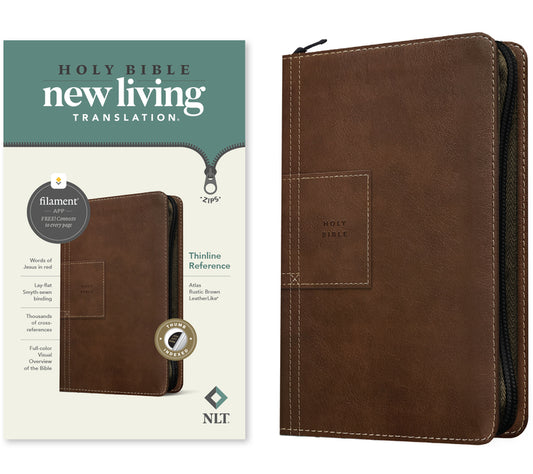NLT Thinline Reference Zipper Bible, Filament Enabled (Leatherlike, Atlas Rustic Brown, Indexed, Red Letter) - Ingram