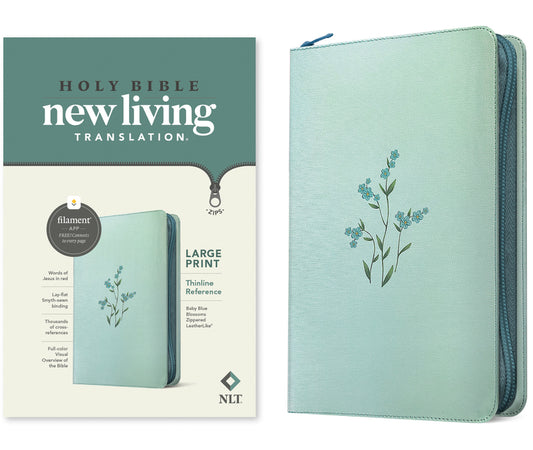 NLT Large Print Thinline Reference Zipper Bible, Filament Enabled (Leatherlike, Baby Blue Blossoms, Red Letter) - Ingram