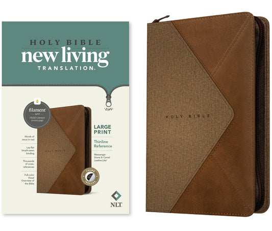 NLT Large Print Thinline Reference Zipper Bible, Filament Enabled (Leatherlike, Messenger Stone & Camel, Indexed, Red Letter) - Ingram