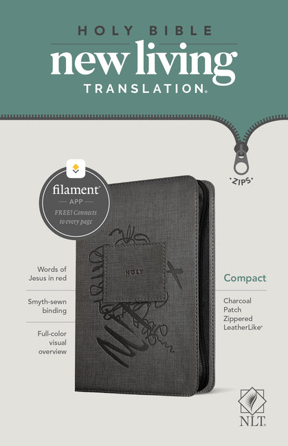 NLT Compact Zipper Bible, Filament Enabled (Leatherlike, Charcoal Patch, Red Letter) - Ingram