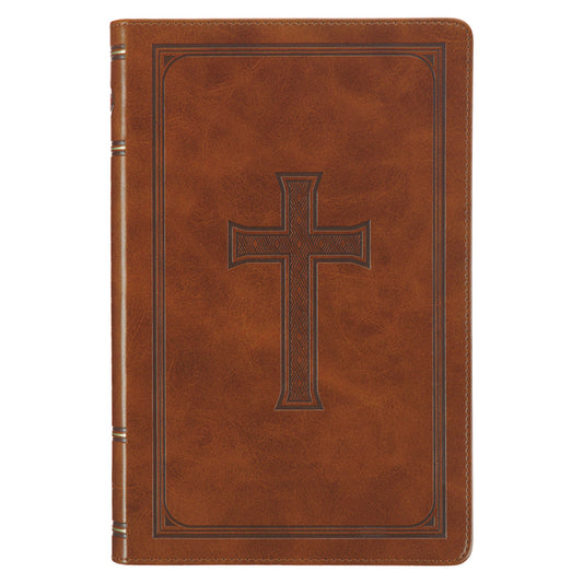 KJV Holy Bible, Standard Size Faux Leather Red Letter Edition Thumb Index, Ribbon Marker, King James Version, Honey Brown Cross Emblem - Ingram