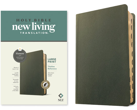 NLT Large Print Thinline Reference Bible, Filament Enabled (Genuine Leather, Olive Green, Indexed, Red Letter) - Ingram