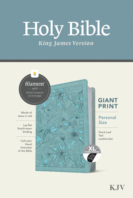 KJV Personal Size Giant Print Bible, Filament Enabled (Leatherlike, Floral Leaf Teal, Indexed, Red Letter) - Ingram