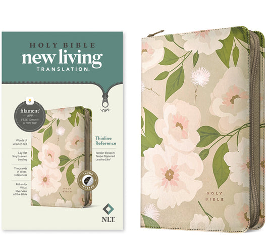 NLT Thinline Reference Zipper Bible, Filament Enabled (Leatherlike, Tender Blossom Taupe, Indexed, Red Letter) - Ingram