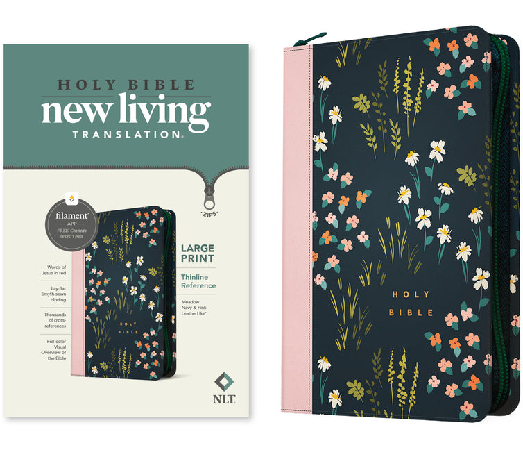 NLT Large Print Thinline Reference Zipper Bible, Filament Enabled (Leatherlike, Meadow Navy & Pink, Red Letter) - Ingram
