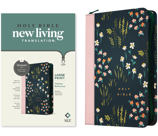 NLT Large Print Thinline Reference Zipper Bible, Filament Enabled (Leatherlike, Meadow Navy & Pink, Red Letter) - Ingram