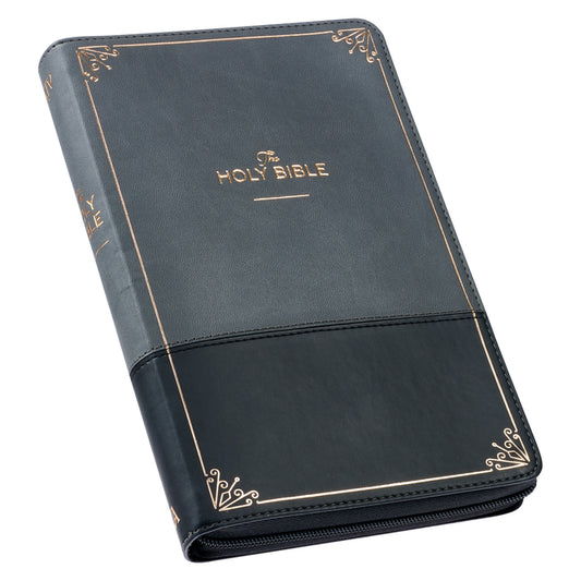 KJV Holy Bible Standard Size Faux Leather Red Letter Edition Thumb Index & Ribbon Marker, King James Version, Gray/Black, Zipper Closure - Ingram