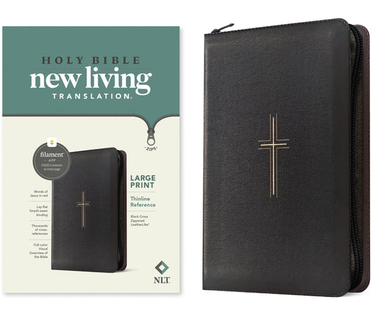 NLT Large Print Thinline Reference Zipper Bible, Filament Enabled (Leatherlike, Black Cross, Red Letter) - Ingram