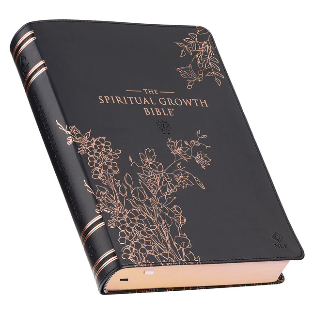 Spiritual Growth Bible, Study Bible, NLT - New Living Translation Holy Bible, Faux Leather, Black Rose Gold Debossed Floral - Ingram