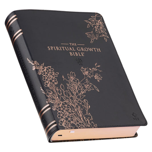 Spiritual Growth Bible, Study Bible, NLT - New Living Translation Holy Bible, Faux Leather, Black Rose Gold Debossed Floral - Ingram