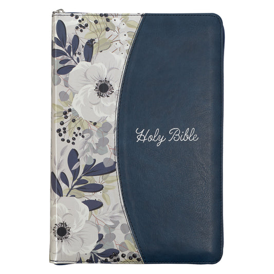 KJV Holy Bible, Thinline Large Print Faux Leather Red Letter Edition Thumb Index Ribbon Marker, King James Version, Blue Printed Floral, Zipper Closur - Ingram