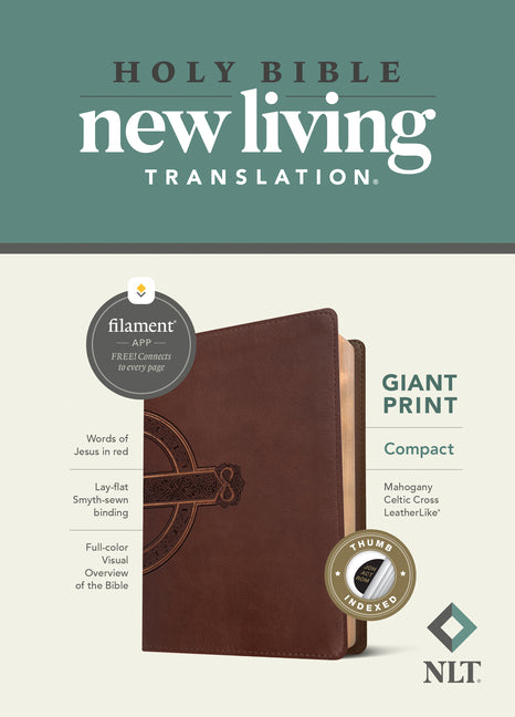NLT Compact Giant Print Bible, Filament Enabled (Leatherlike, Mahogany Celtic Cross, Indexed, Red Letter) - Ingram