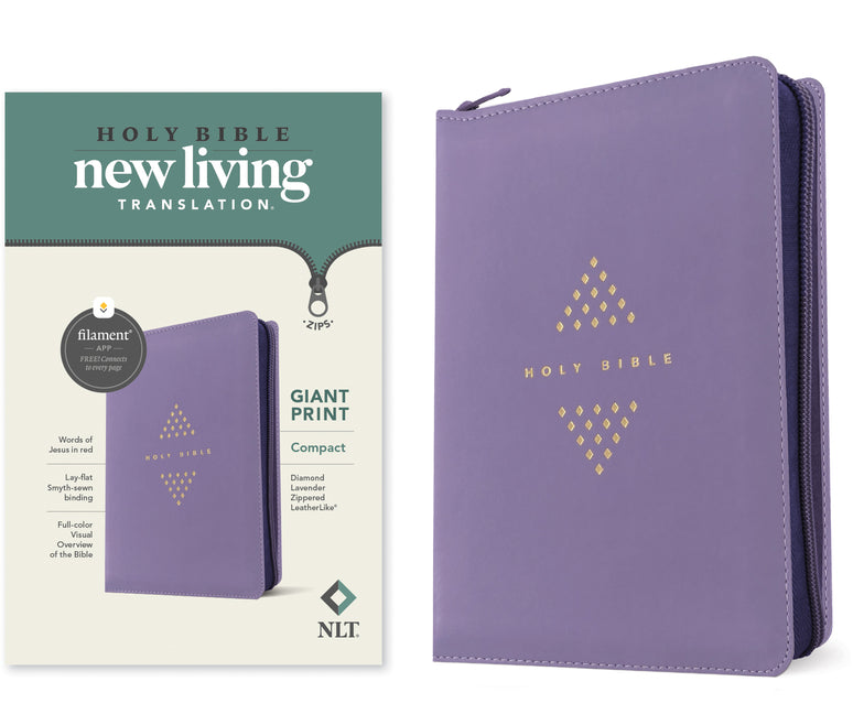 NLT Compact Giant Print Zipper Bible, Filament Enabled (Leatherlike, Diamond Lavender, Red Letter) - Ingram