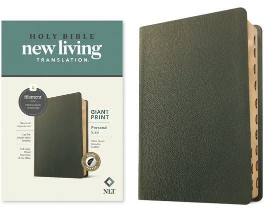 NLT Personal Size Giant Print Bible, Filament Enabled (Genuine Leather, Olive Green, Indexed, Red Letter) - Ingram