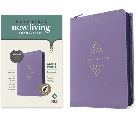 NLT Compact Giant Print Zipper Bible, Filament Enabled (Leatherlike, Diamond Lavender, Indexed, Red Letter) - Ingram