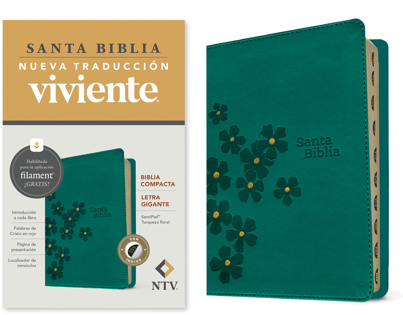 Biblia Compacta Ntv, Letra Gigante Con Filament (Sentipiel, Turquesa Floral, Índice, Letra Roja) - Ingram
