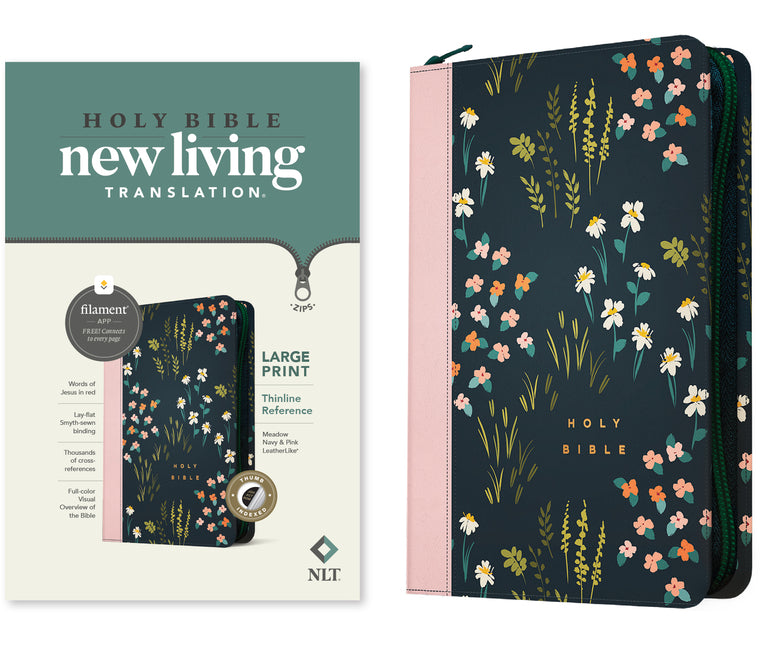 NLT Large Print Thinline Reference Zipper Bible, Filament Enabled (Leatherlike, Meadow Navy & Pink, Indexed, Red Letter) - Ingram