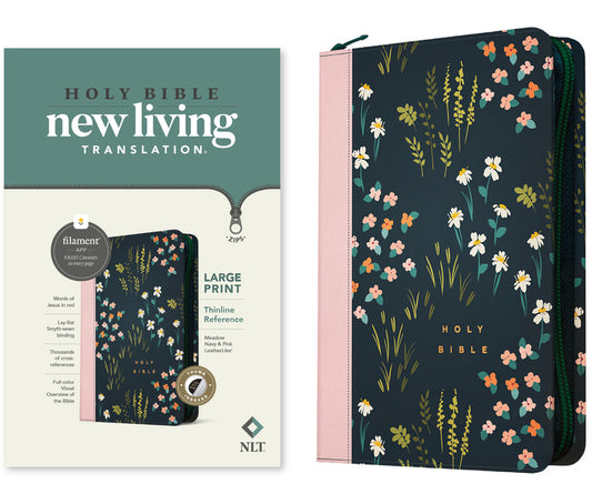 NLT Large Print Thinline Reference Zipper Bible, Filament Enabled (Leatherlike, Meadow Navy & Pink, Indexed, Red Letter) - Ingram