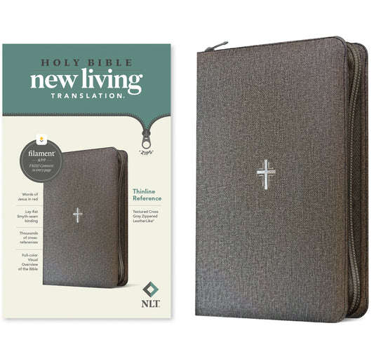 NLT Thinline Reference Zipper Bible, Filament Enabled (Leatherlike, Textured Cross Gray, Red Letter) - Ingram