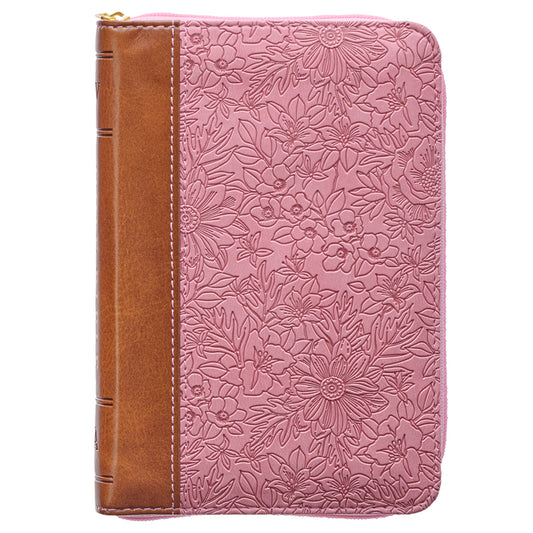 KJV Holy Bible, Mini Pocket Size, Faux Leather Red Letter Edition - Ribbon Marker, King James Version, Pink/Saddle Tan, Zipper Closure - Ingram