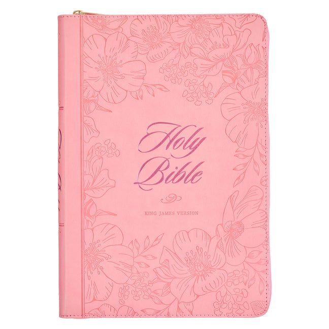 KJV Holy Bible, Thinline Large Print Faux Leather Red Letter Edition - Thumb Index & Ribbon Marker, King James Version, Pink, Zipper Closure - Ingram