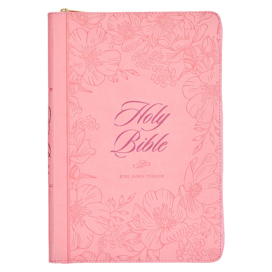 KJV Holy Bible, Thinline Large Print Faux Leather Red Letter Edition - Thumb Index & Ribbon Marker, King James Version, Pink, Zipper Closure - Ingram