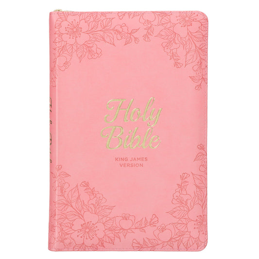 KJV Holy Bible, Standard Size Faux Leather Red Letter Edition - Thumb Index & Ribbon Marker, King James Version, Pink Floral Zipper Closure - Ingram