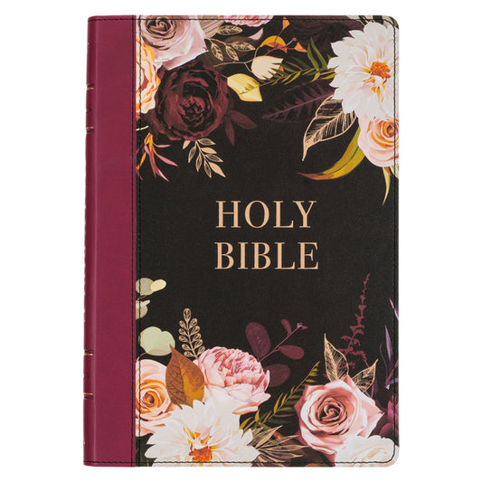 KJV Holy Bible, Thinline Large Print Faux Leather Red Letter Edition - Thumb Index & Ribbon Marker, King James Version, Black/Burgundy Printed Floral - Ingram